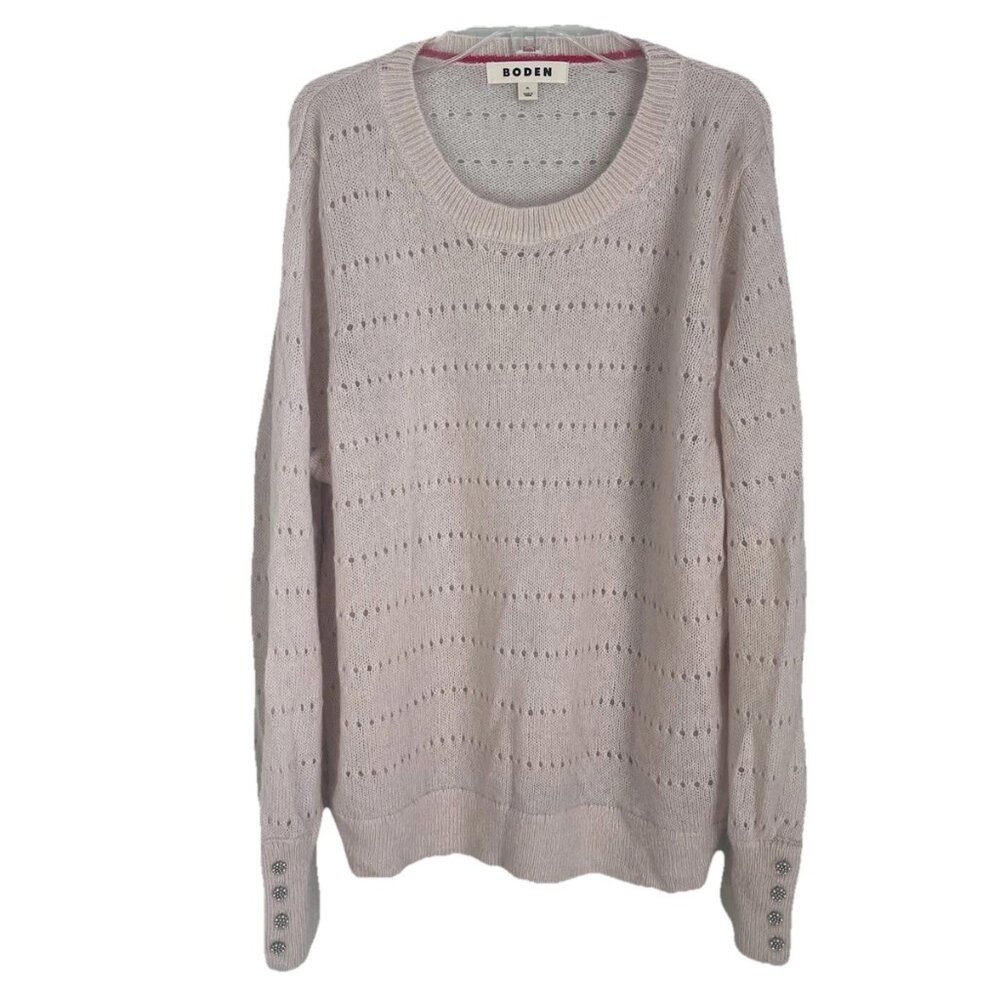 BODEN Vanilla Fluffy Textured Jumper Knit Crew Neck Jeweled Cuff Mohair Wool